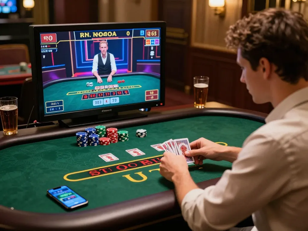 Player enjoying a live blackjack game at fly88 online casino, showcasing strategic moments and a cozy atmosphere.