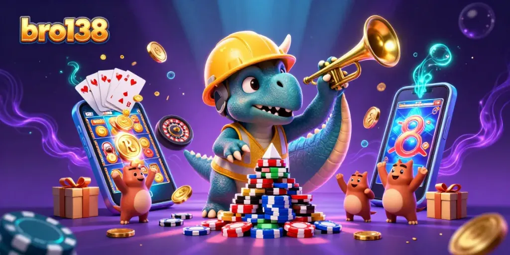 Join bro138 as the triceratops builds a poker chip pyramid amidst vibrant casino elements and lively celebrations.