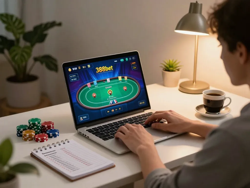 Engaging in online gambling on 388bet with a vibrant poker interface at a stylish home desk.