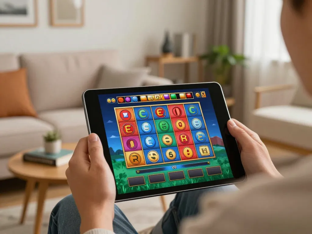 Engaged player enjoying 123B com online casino interface on tablet in cozy living room.