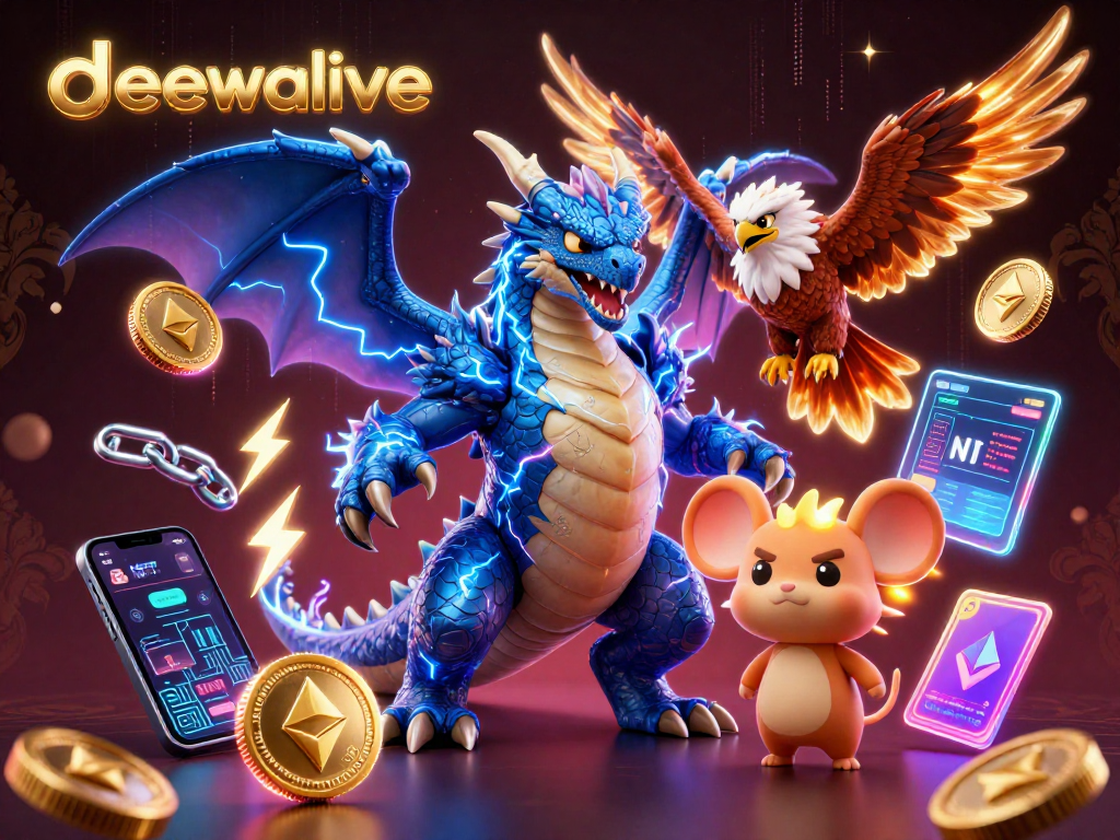 Dewalive sebagai platform permainan e-live dengan petir naga dan koin crypto bersinar.