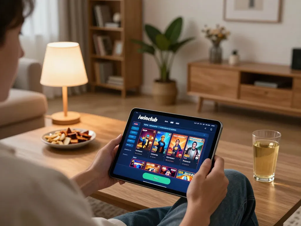 Engaging in iwinclub online casino gaming with a tablet in a cozy home setting