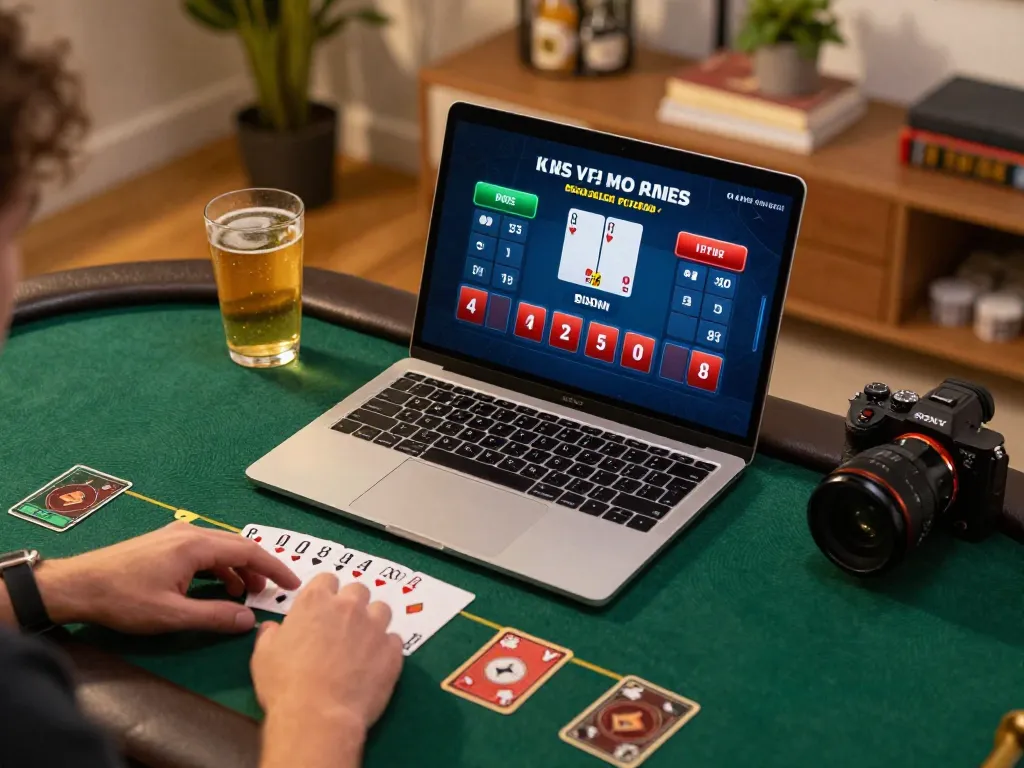 Player immerses in a blackjack game featuring 888 VI on their laptop, showcasing the thrilling action and relaxed atmosphere.