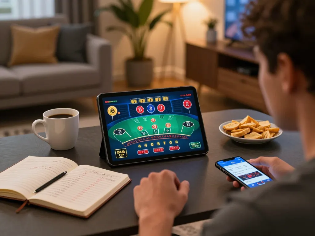 Player engaged in online blackjack gameplay using tablet in cozy home setting while exploring strategies, featuring keyword 5679