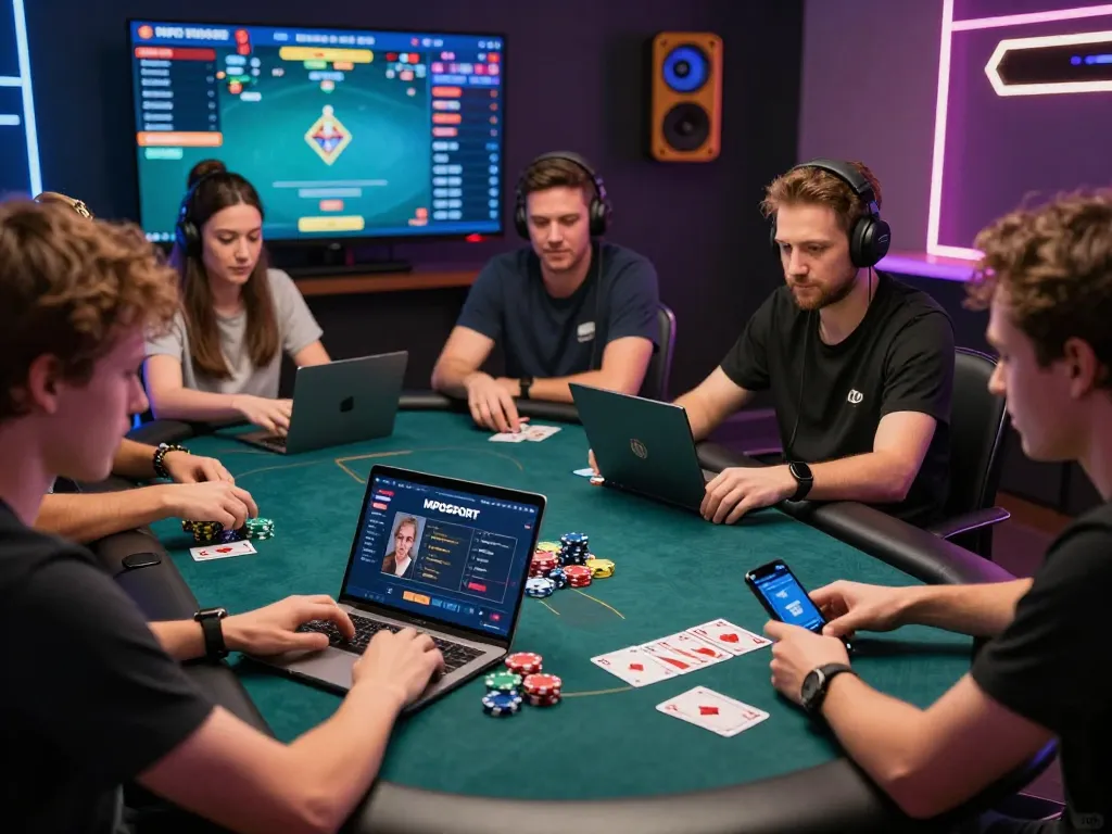 Engaged players experiencing MPOSPORT poker online at https://digitalgamesprices.com/xboxone.html, showcasing vibrant action and technology.
