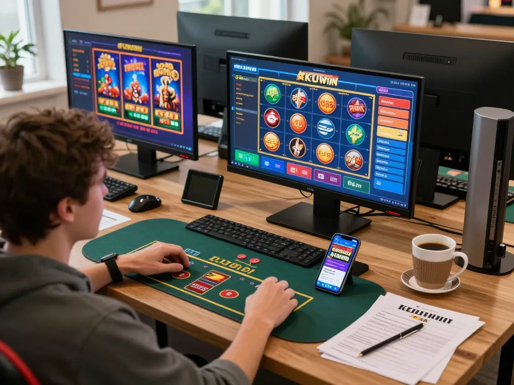 Kuwin online gaming scene with a player strategizing on multiple screens for better odds.