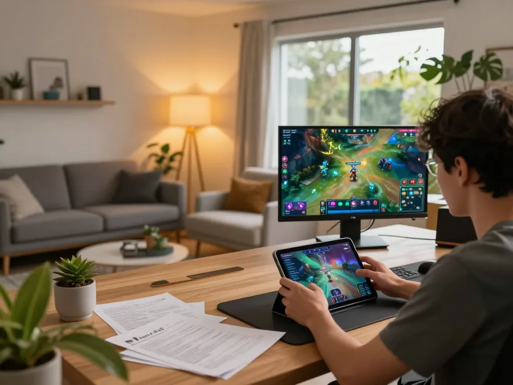 Engaging in Ratu4d game online at home, vibrant gaming session with strategy notes