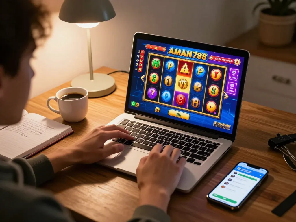 Playing AMAN788 slot online with vibrant graphics on laptop in a cozy home setting