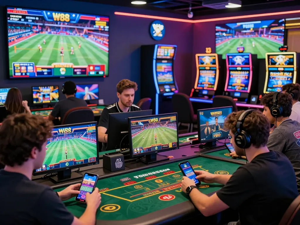 W88 online casino and sports betting scene showcasing players engaged in gaming activities, vibrant atmosphere.