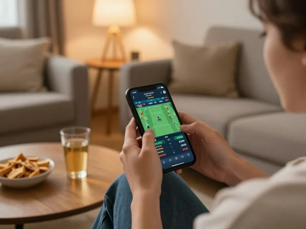 Engaging in online sports betting on smartphone during relaxing evening at home, ทางเข้า m107 featured in the betting interface, conveying strategic betting action.