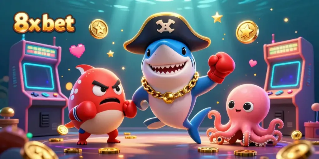 Engage with the vibrant 8x bet scene featuring a pirate shark, pufferfish, and octopus amidst animated casino elements.