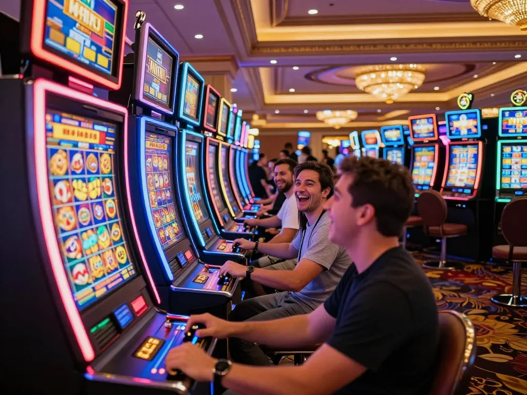 Players experiencing the excitement of tg88 slot machines in a vibrant casino atmosphere