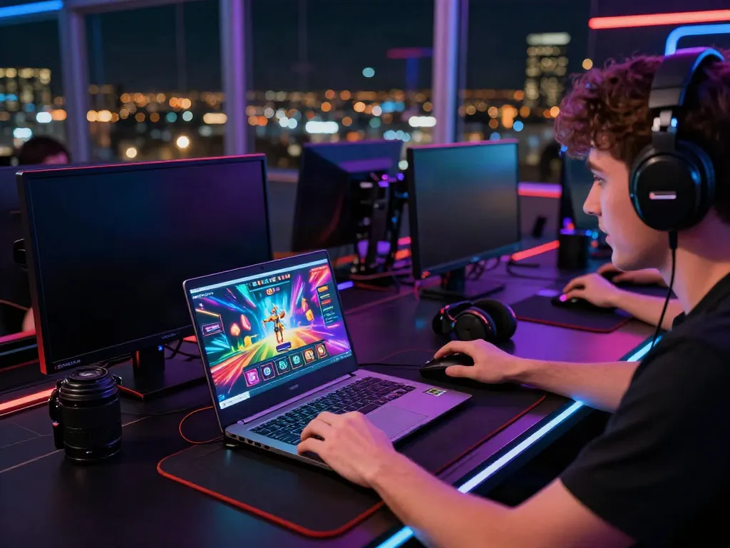 A player engaging with Akunjp's vibrant online gaming interface at a modern desk.