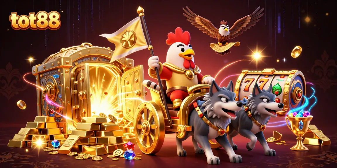tot88 showcases a vibrant casino scene with a rooster warlord and gold treasures for gamblers