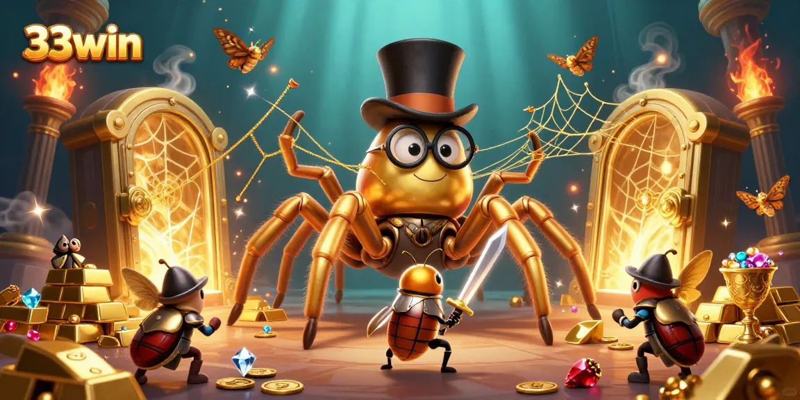 Experience the thrill of 33win with a vibrant casino scene featuring a golden tarantula and beetle knight.