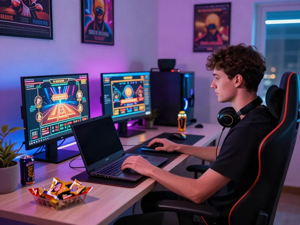 Akunjp gaming enthusiast engaged in online gambling in a modern home office.