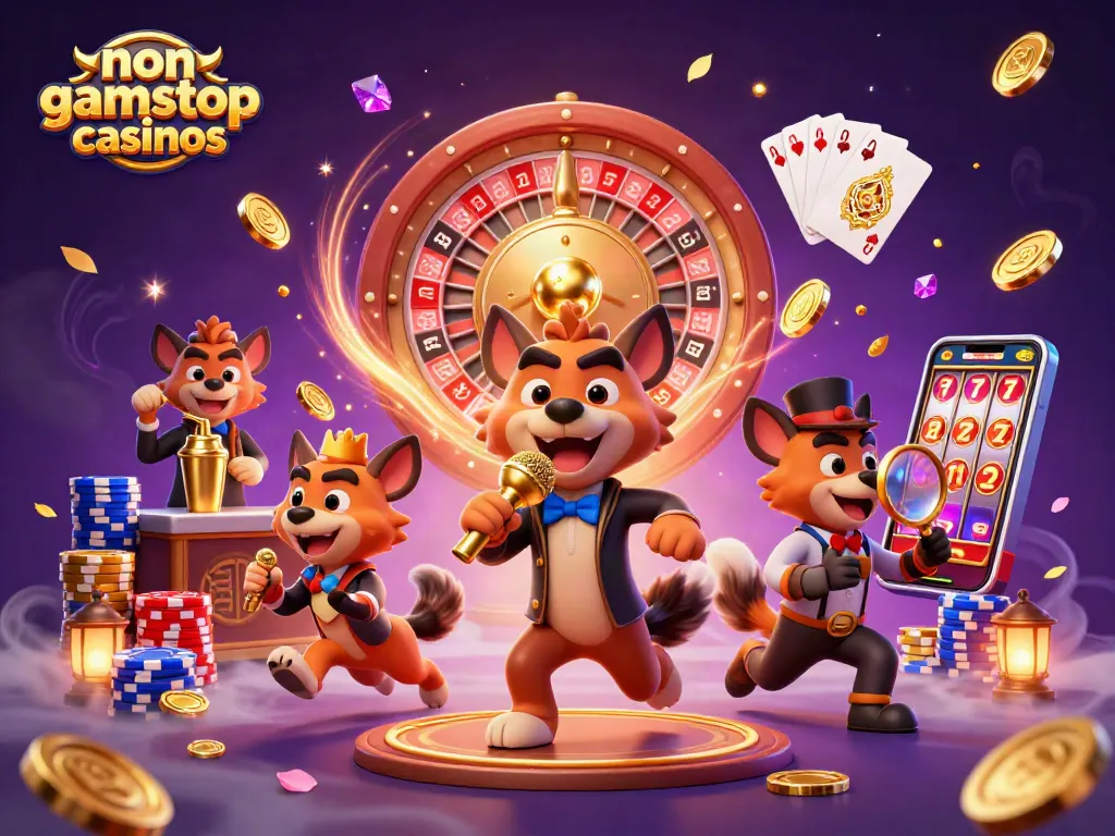 Experience the thrill of non gamstop casinos with hyena characters in a vibrant casino scene.