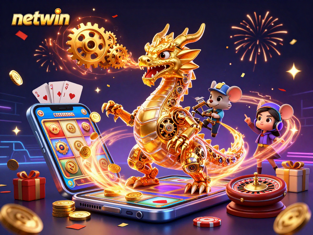Experience thrilling online gaming with netwin, featuring a golden dragon and game elements.
