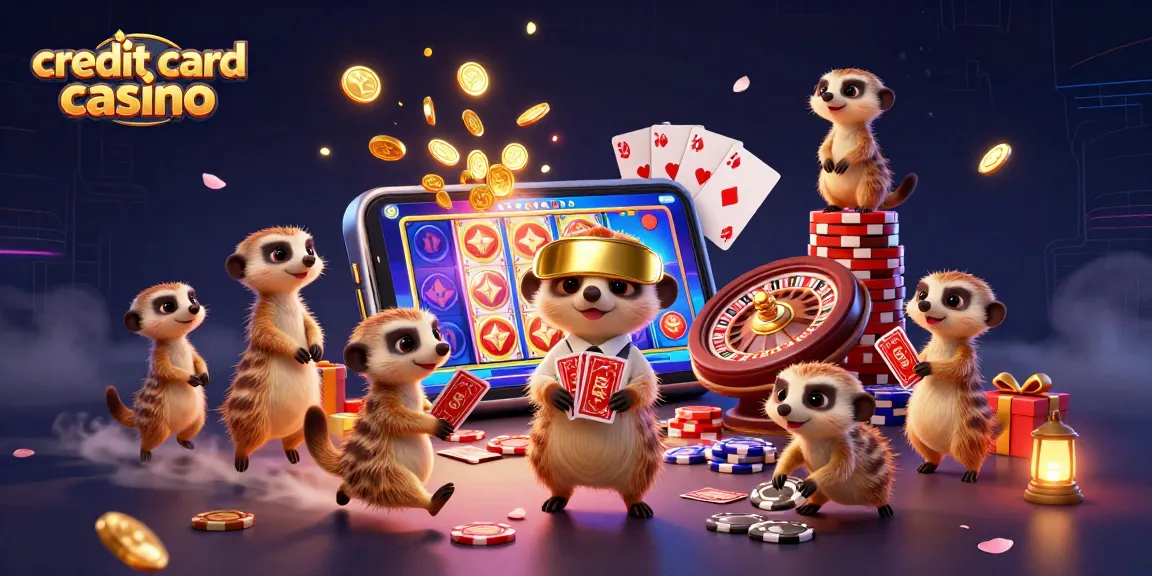 Experience the excitement of a credit card casino with animated meerkats amidst vibrant games and dynamic elements.