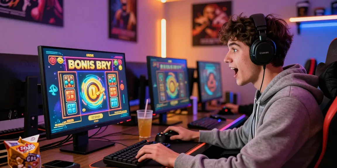 Excited player engaging with bonus buy slots UK on a computer in a cozy gaming room with colorful graphics.