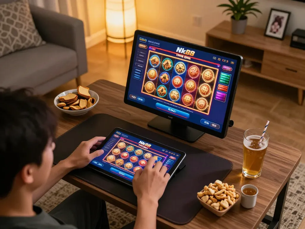 Engaging with Nk88 trang chủ on a tablet during online casino gaming session at home.