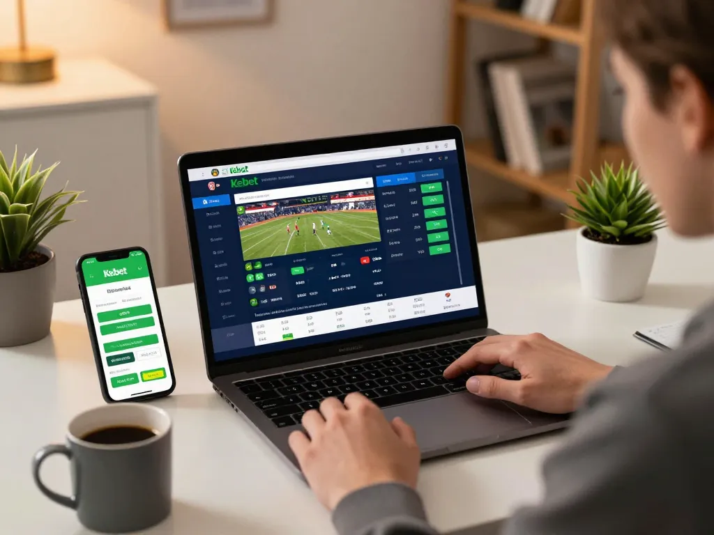 Kebet user placing real-time bets on a laptop, showcasing online sports betting action in a cozy home setting.