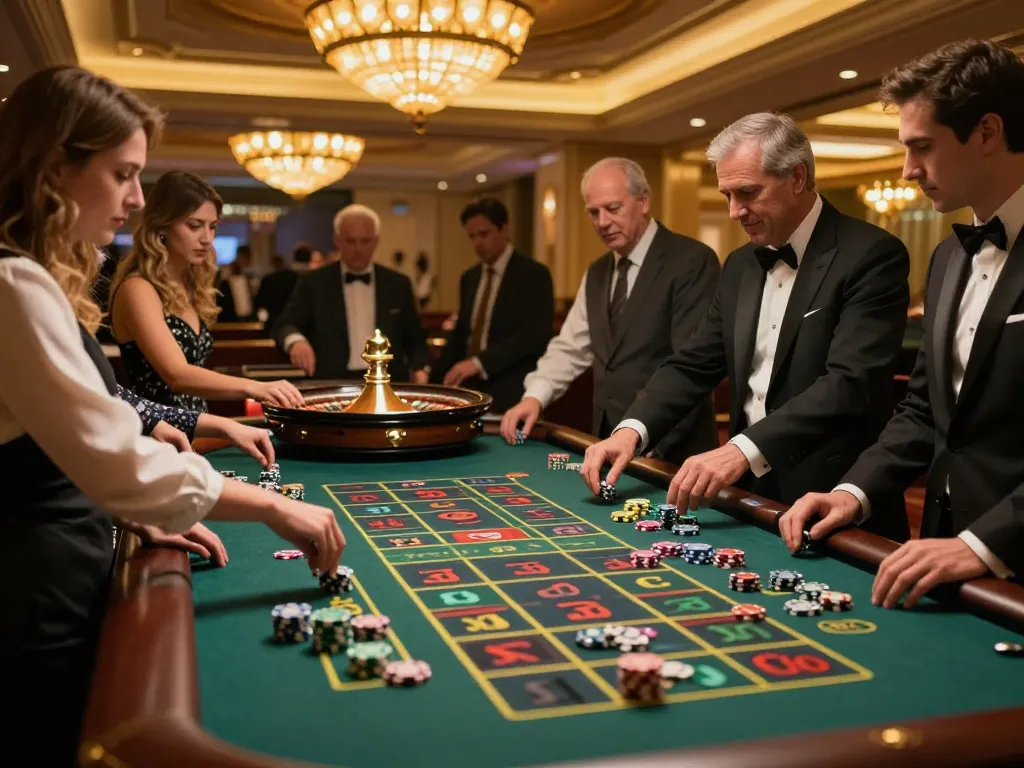 Experience the thrill of gaming at trang chủ ok365 with players engaged around a vibrant roulette table.