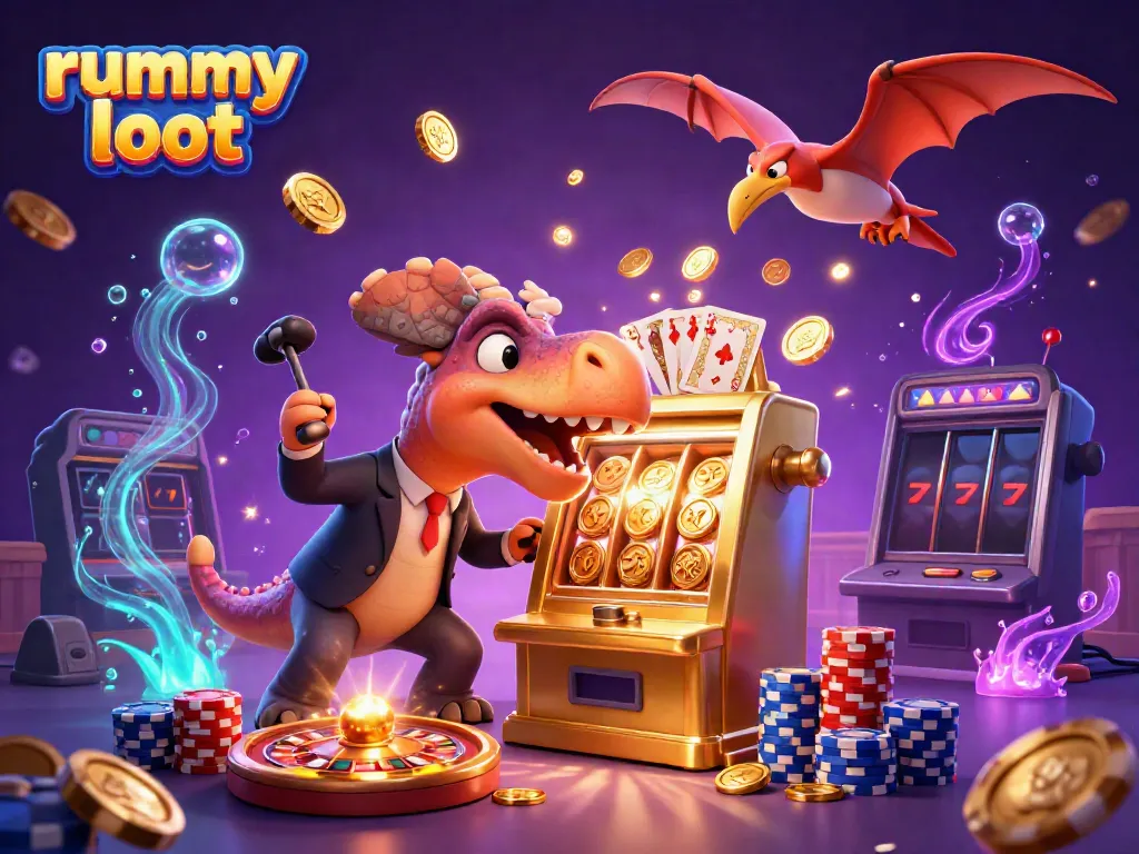 Experience rummy loot in a vibrant 3D scene with dynamic characters winning prizes and golden coins.
