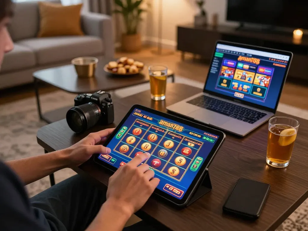 Memainkan slot aman788 online di tablet di ruang tamu yang nyaman dipenuhi dengan aksesori permainan.