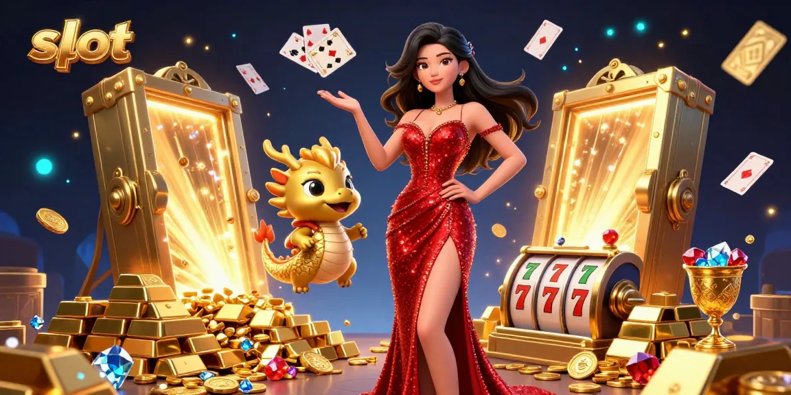 Experience thrilling slot games with a vibrant 3D scene featuring jackpots, colorful gems, and festive gaming elements.