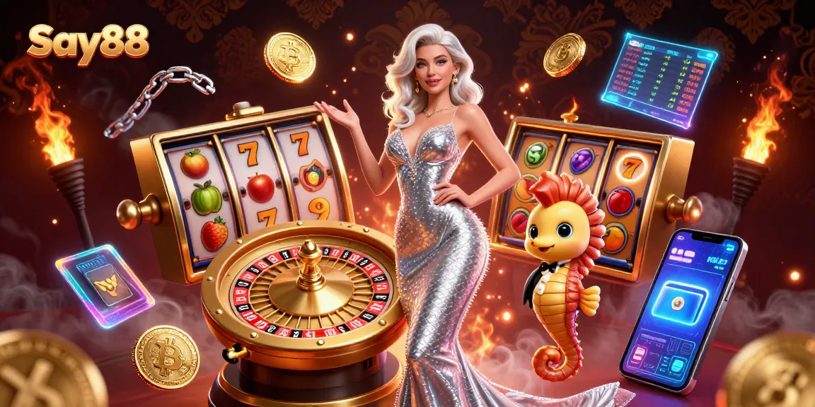 Engage with Say88's dynamic casino experience featuring vibrant slot games, roulette, and crypto elements.