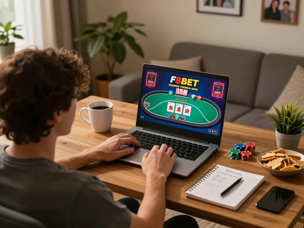 Player immersing in F8BET online poker game at home, showcasing an engaging gaming experience.