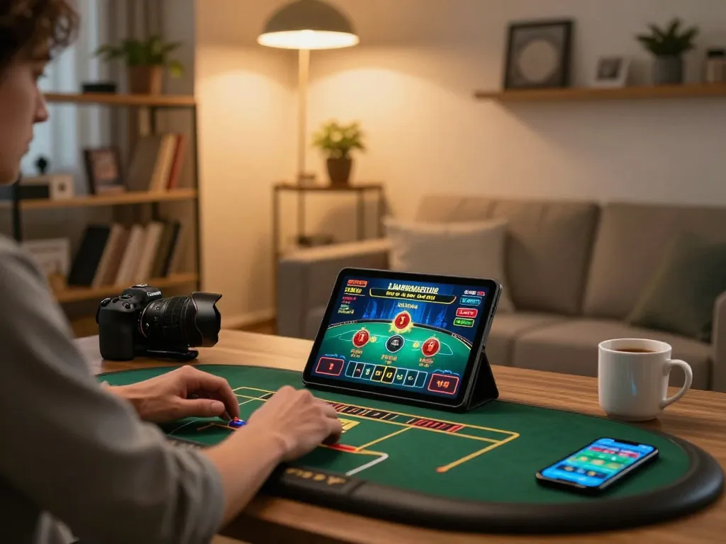 KONG88 player enjoying a live dealer game on a tablet in a cozy home setting.
