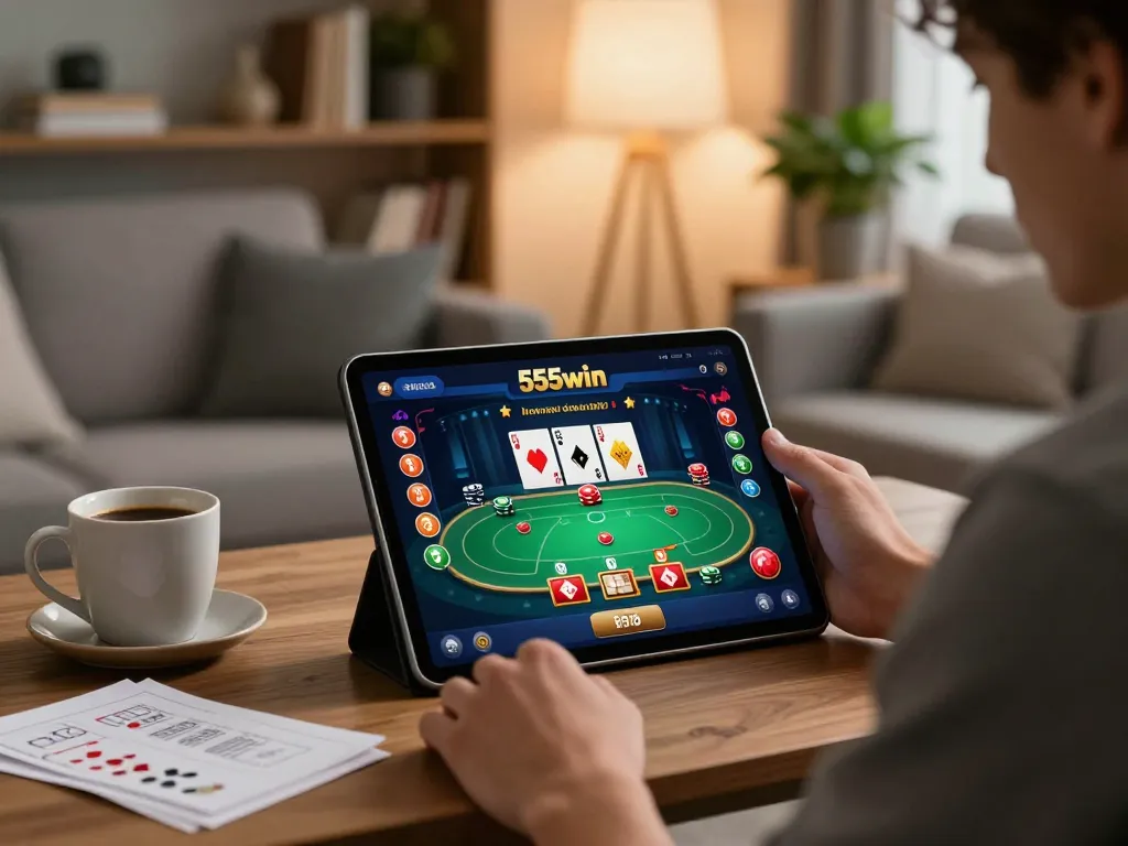 Player enjoying 555win mobile casino app in a cozy living room setting, emphasizing strategic online gameplay.