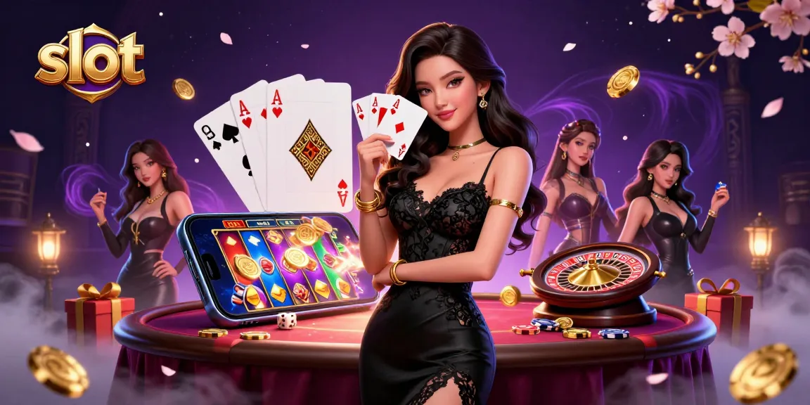 Engage with vibrant slot games showcased by an elegant woman in a luxurious casino.