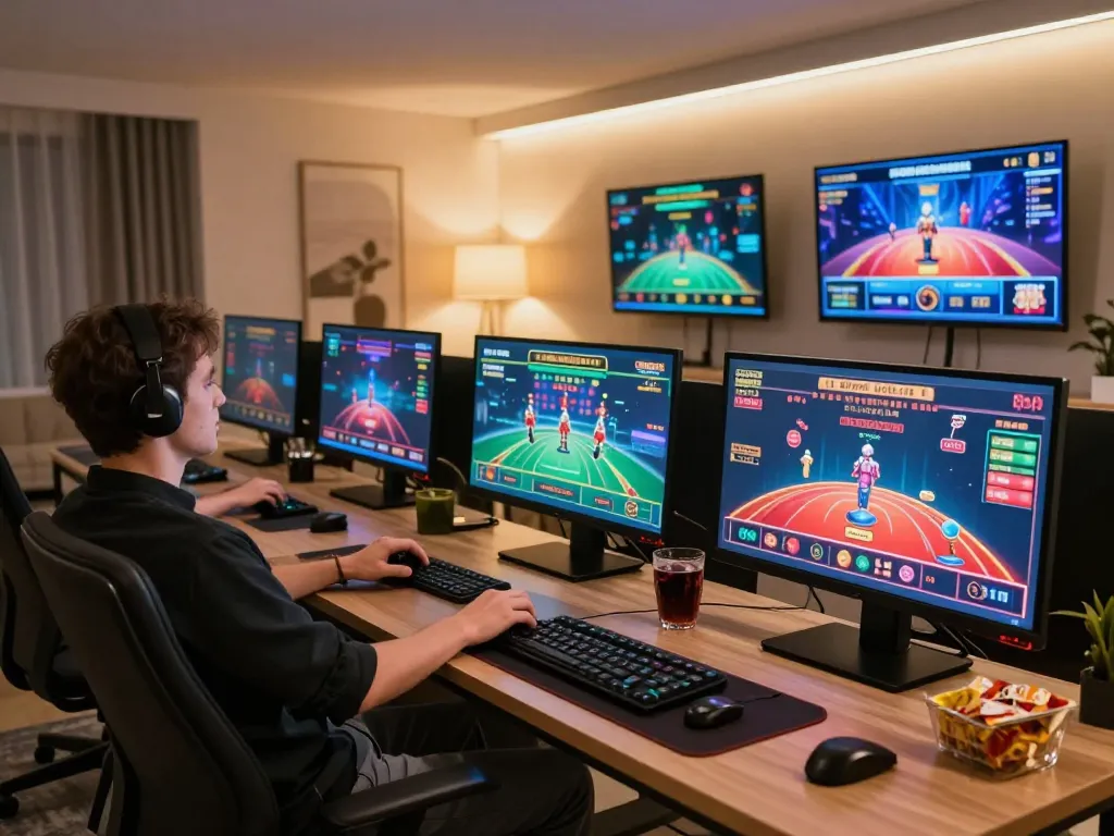 Engaging online gaming with IWIN displayed on multiple screens in a stylish home office