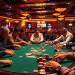 Engaging poker game action at a casino table filled with enthusiastic players and colorful chips.