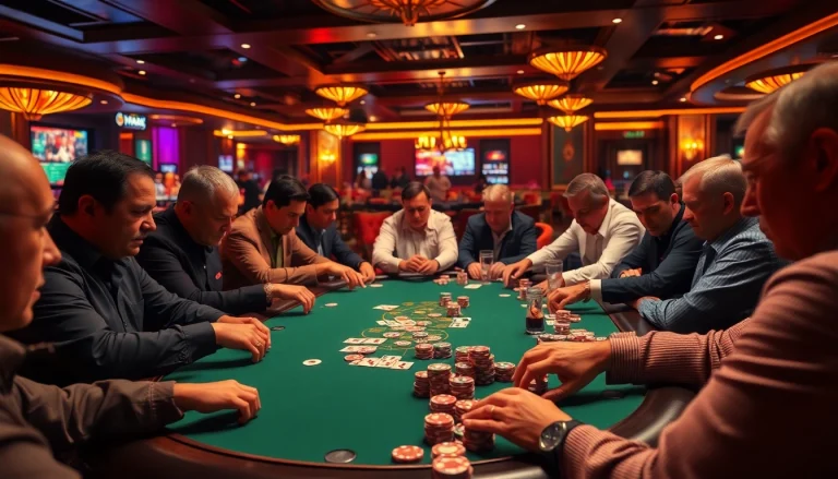 Engaging poker game action at a casino table filled with enthusiastic players and colorful chips.