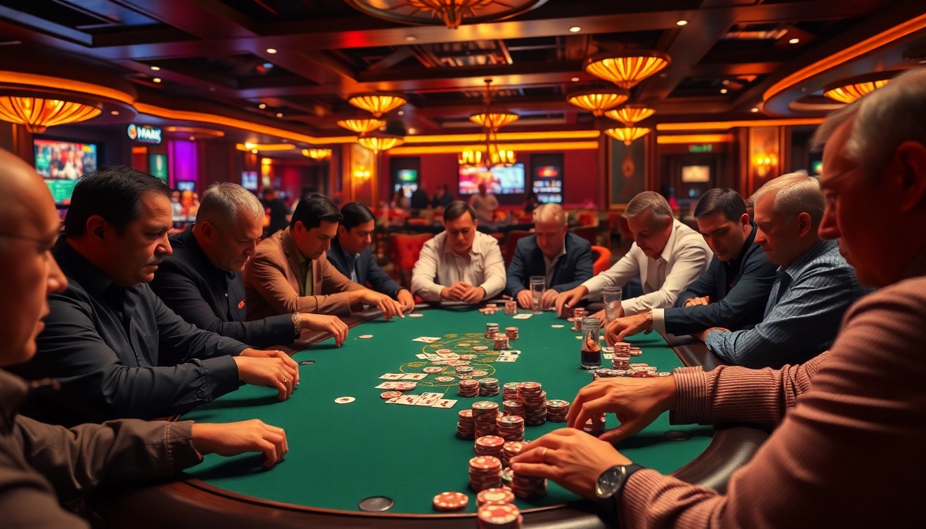 Engaging poker game action at a casino table filled with enthusiastic players and colorful chips.