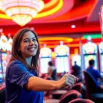 Permainan Slot Game yang menarik dengan pemain bersenang-senang di kasino yang cerah.