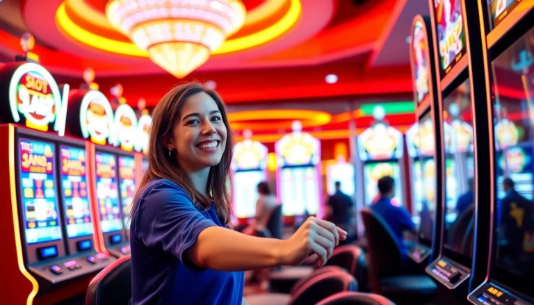 Permainan Slot Game yang menarik dengan pemain bersenang-senang di kasino yang cerah.