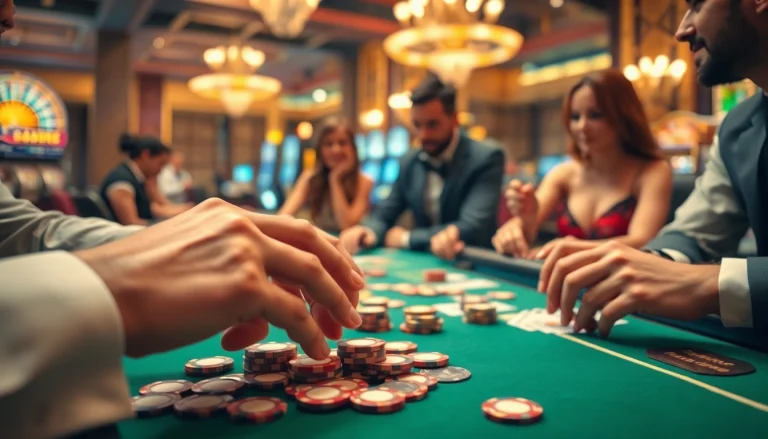 Engaged players at a Casino gaming table highlight excitement and competition in a vibrant environment.