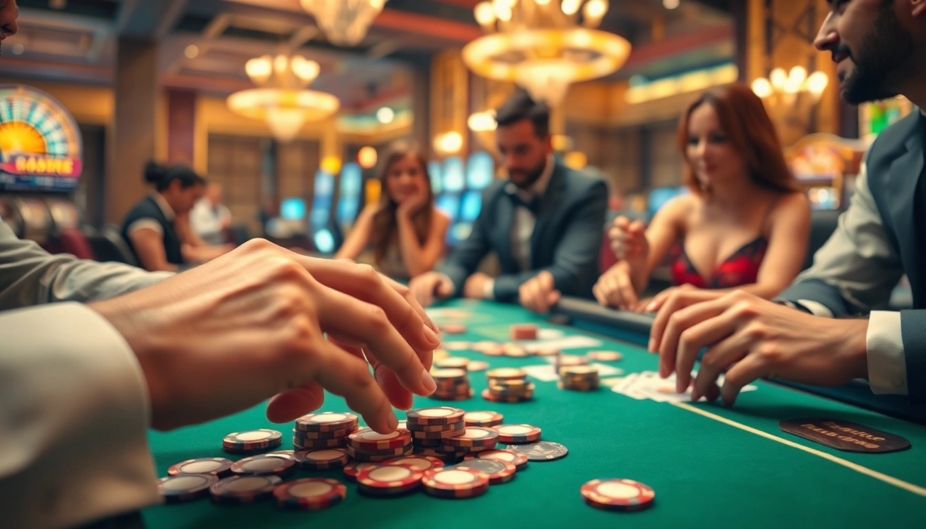 Engaged players at a Casino gaming table highlight excitement and competition in a vibrant environment.