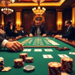 Engaging scene at a Blackjack Casino with players and a dealer, showcasing vibrant cards and chips.