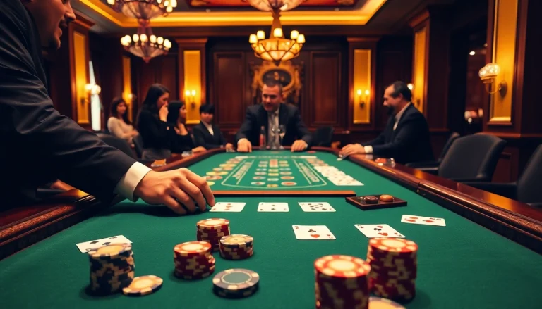 Engaging scene at a Blackjack Casino with players and a dealer, showcasing vibrant cards and chips.