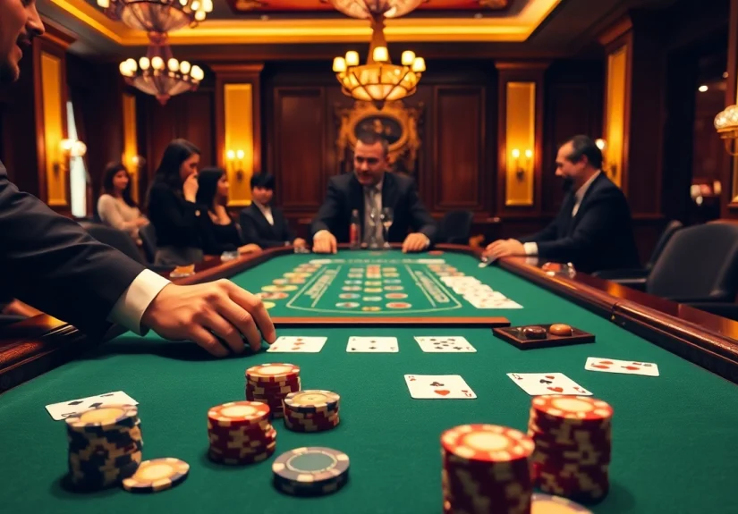 Engaging scene at a Blackjack Casino with players and a dealer, showcasing vibrant cards and chips.