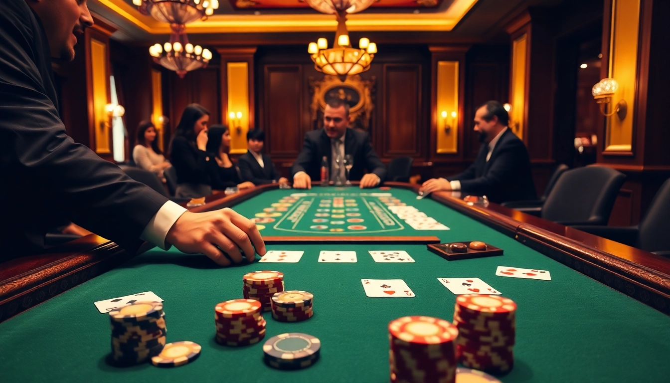 Engaging scene at a Blackjack Casino with players and a dealer, showcasing vibrant cards and chips.