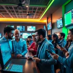 Engaged bettors analyzing odds in a vibrant sports betting environment, highlighting Sports Betting excitement.