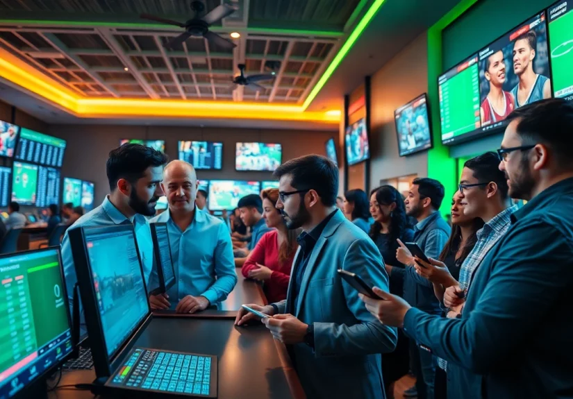 Engaged bettors analyzing odds in a vibrant sports betting environment, highlighting Sports Betting excitement.