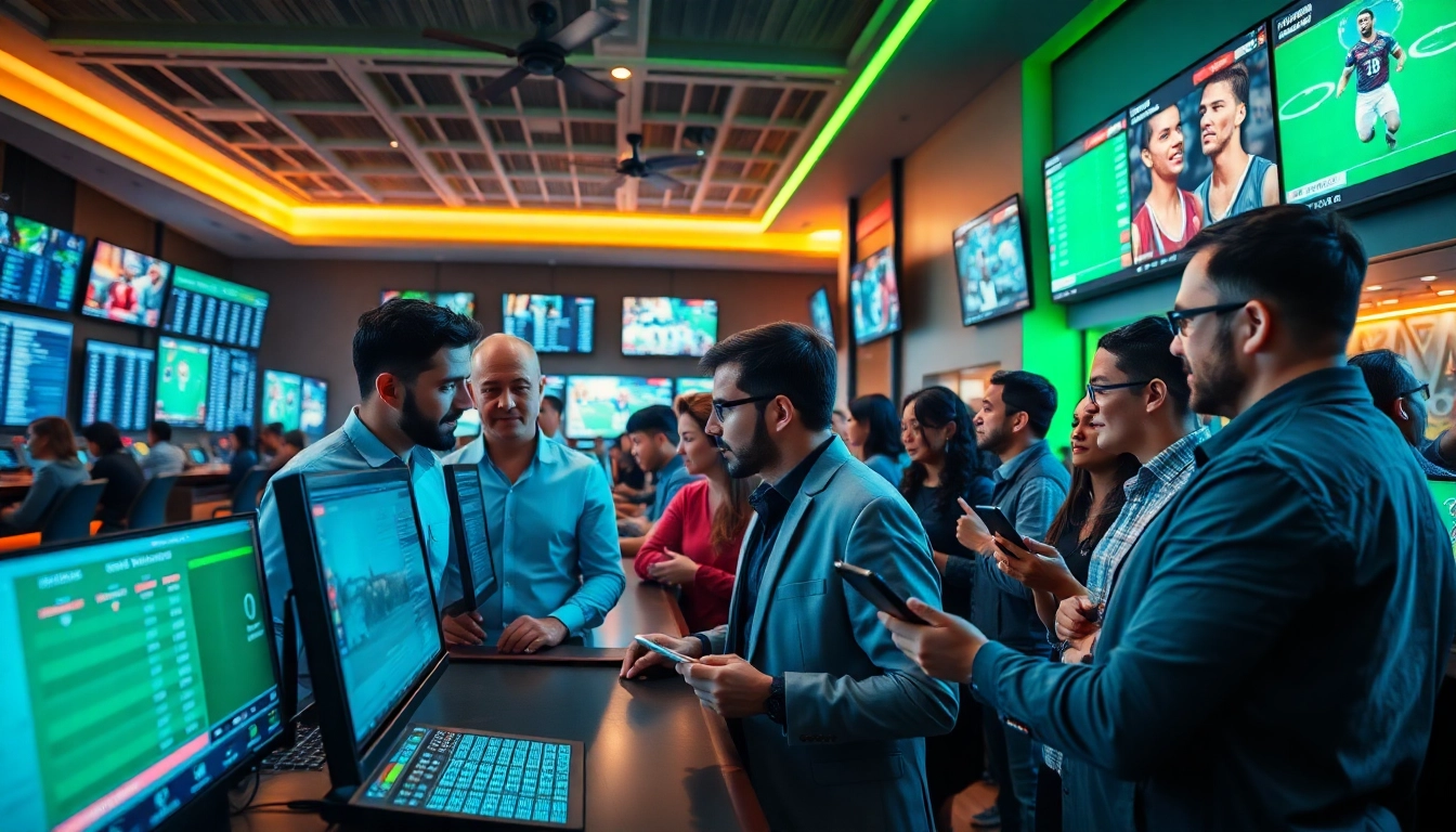 Engaged bettors analyzing odds in a vibrant sports betting environment, highlighting Sports Betting excitement.